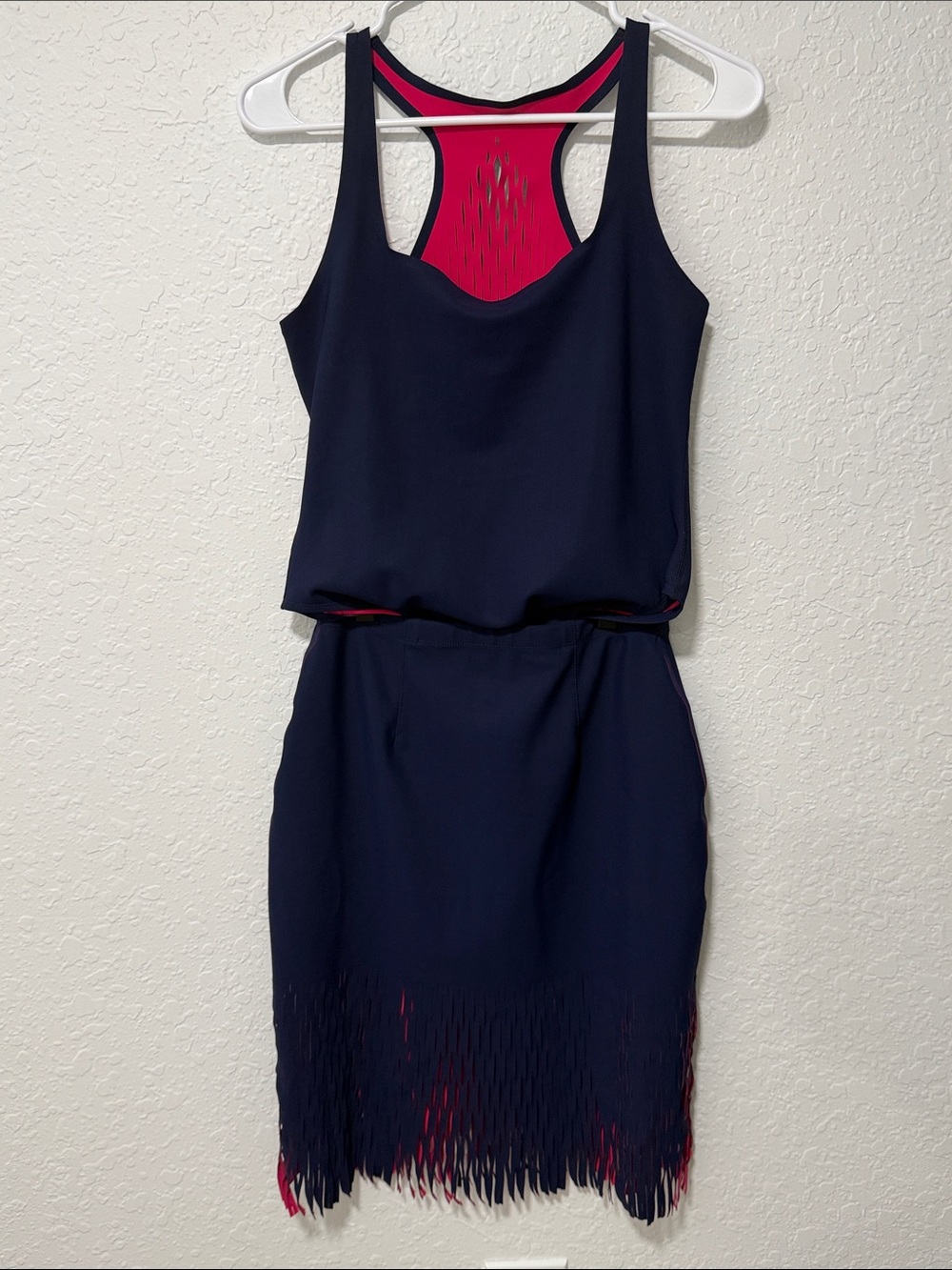 Carbon38 x Dion Lee Navy with Pink Accent Fringe Pencil Skirt x Bodysuit